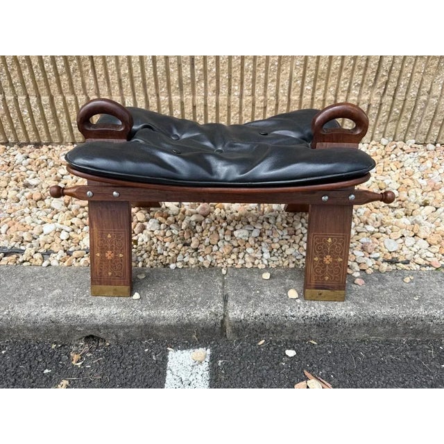 Pair of Vintage Vinyl Seat Brass Inlaid Camel Saddle Stools For Sale - Image 11 of 12