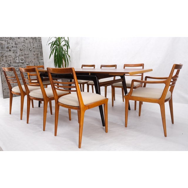 Italian Mid-Century Modern Dining Table 8 Chairs Set New Linen Upholstery Seats For Sale - Image 9 of 18