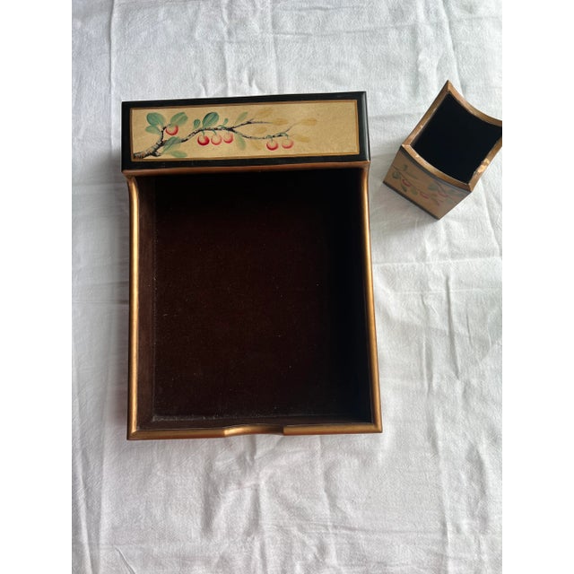 Chinoiserie Black & Gold Desk Set With Cherries, a beautiful addition to your desk. Pencil cup measures 3"W x 4"H Paper,...
