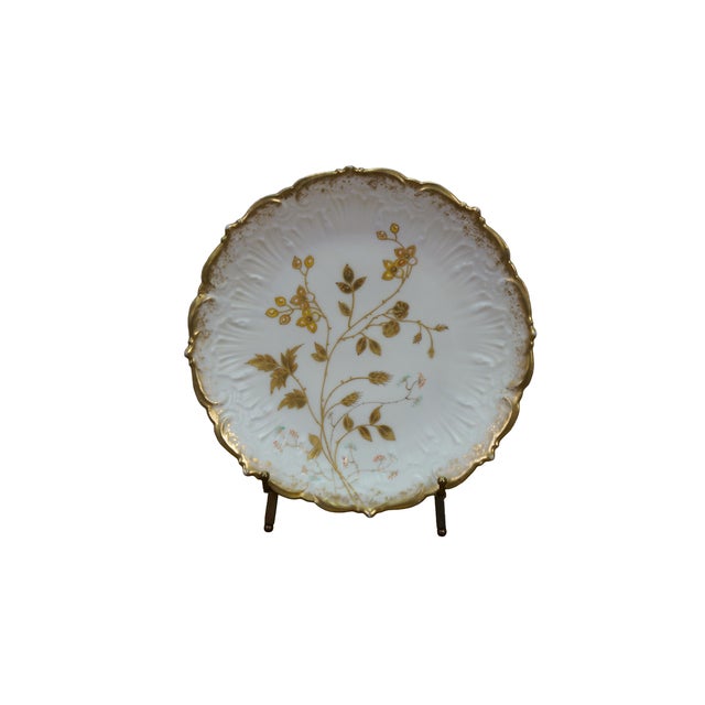 Antique Charles Ahrenfeldt Limoges France white porcelain cabinet plate with gilded floral details and a scalloped,...