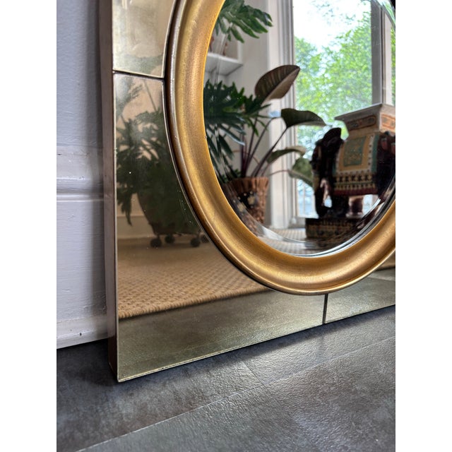 Uttermost Round Mirror on Square Glass and Brass Frame For Sale - Image 6 of 11