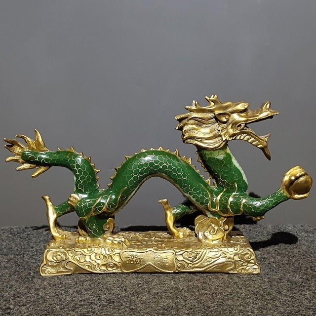 Vintage Cloisonne Enamel Dragon Figurine – 14.2" Gilt Sea Dragon With Pearl For Sale - Image 4 of 9