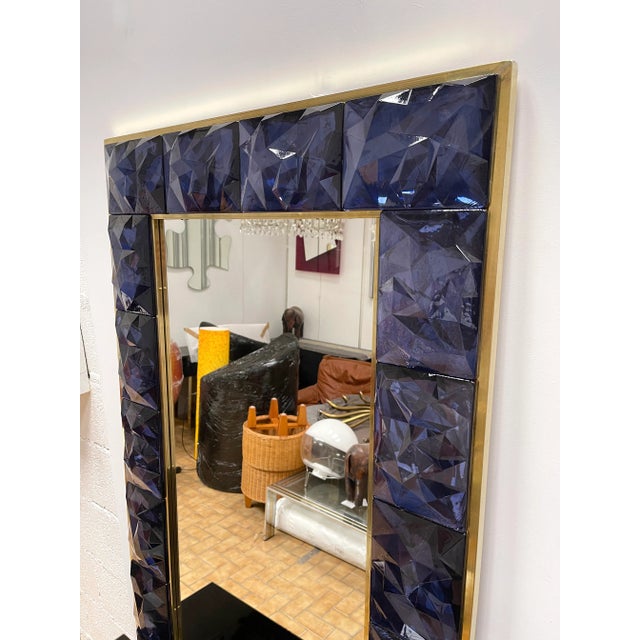 Contemporary Brass & Blue Murano Glass Wall Mirror For Sale - Image 6 of 11