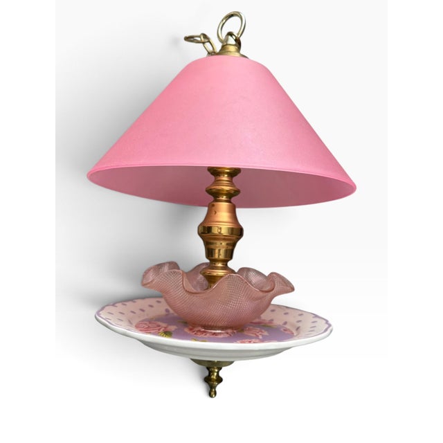 Vintage Hanging Bird Feeder | Pink Shade, Ruffled Glass & Floral Plate For Sale - Image 4 of 5