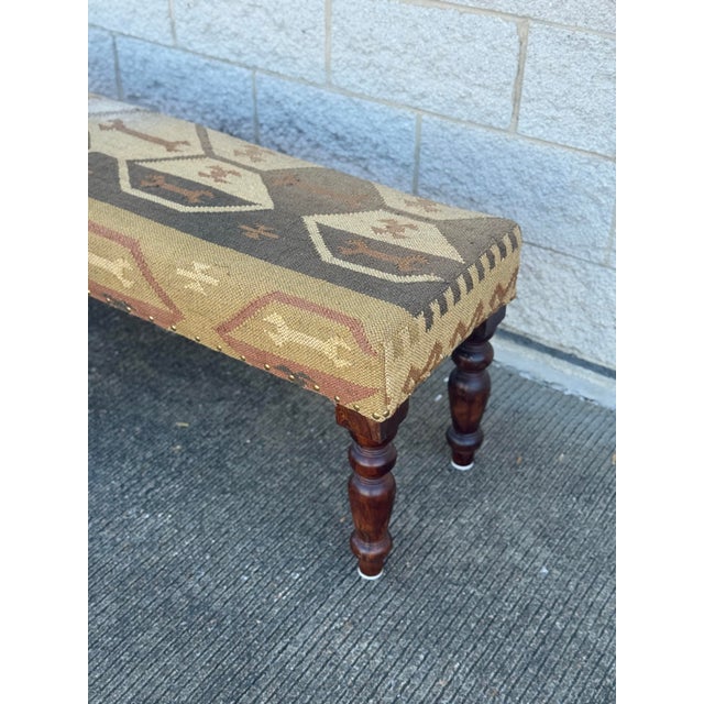 Mid 20th Century Upholstered Bench With Kilim Style Fabric and Turned Wood Legs For Sale - Image 4 of 12