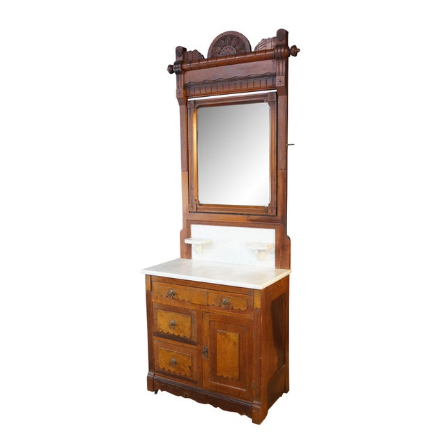 Victorian Antique Late Victorian Eastlake Walnut Marble Top Washstand Mirrored Commode 82" For Sale - Image 3 of 14