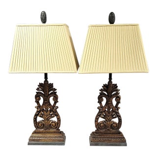 Pair of French Provincial Style Carved Wood Table Lamps With Bronze Finials For Sale