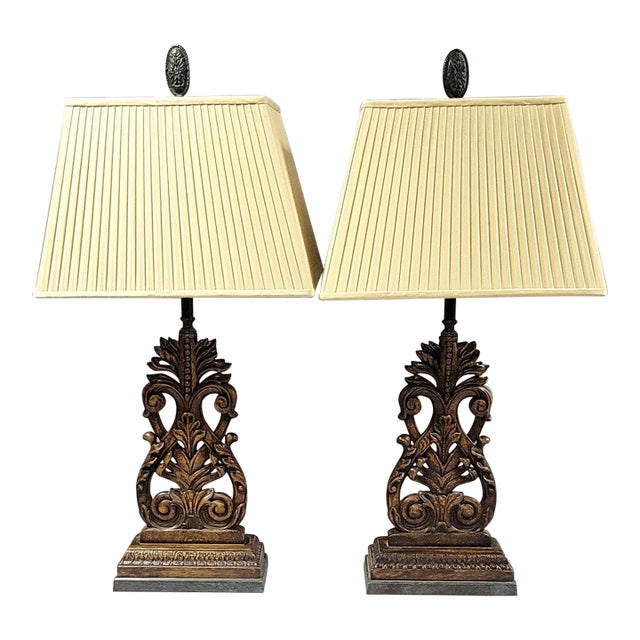 Pair of French Provincial Style Carved Wood Table Lamps With Bronze Finials For Sale