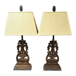 Pair of French Provincial Style Carved Wood Table Lamps With Bronze Finials