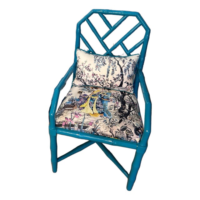 High-Gloss Peacock Blue Faux Bamboo Chair — Coordinated With Matching Side Table For Sale