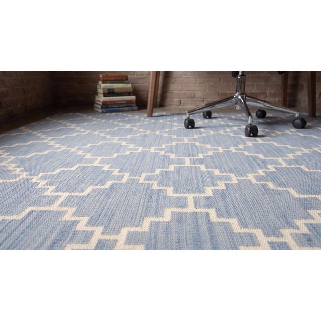 5x8 Blue Flat Weave Wool Stepped Diamond Lattice Geometric Modern Carpet Rug For Sale - Image 11 of 12