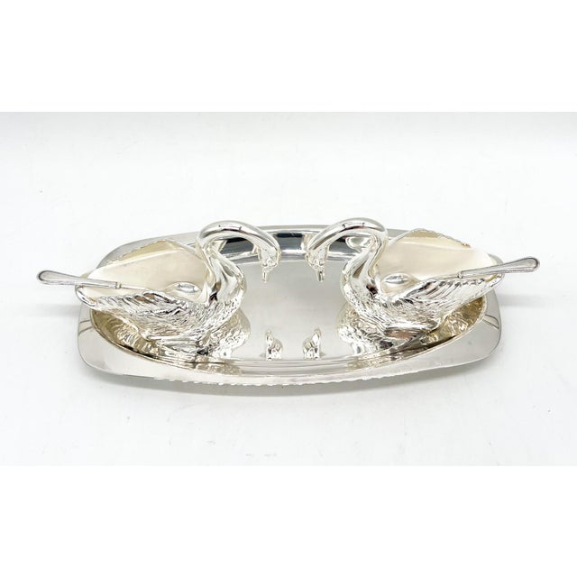 Christofle Mid 20th Century Venetian Italian Silver Plated Swan Salt Cellars With Tray & Spoons — Hollywood Regency, Mid-Century Silverplate - Set of 6 For Sale - Image 4 of 16