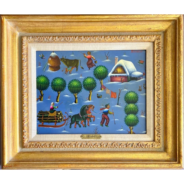 Paint Ljubomir Milinkov, Folk Art Naive Oil Painting Ljubomir Milinkov Whimsical Pastoral Farm Landscape For Sale - Image 7 of 18