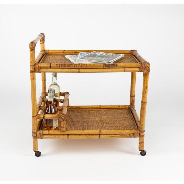 Mid-Century Modern Bamboo and Rattan Serving Bar Cart, Italy, 1960s For Sale - Image 4 of 17