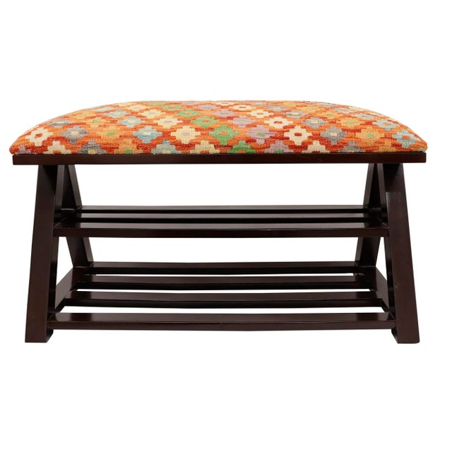 Geometric Kilim Upholstered Handmade Wood Storage Bench For Sale In New York - Image 6 of 11