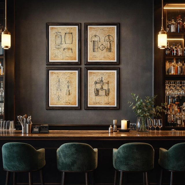 Black Set of 4 Vintage-Style Wine Patent Reproduction Prints in Dark Wood Frames – Industrial Bar Decor For Sale - Image 8 of 8