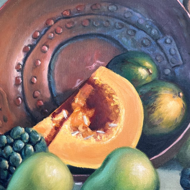 Rustic 1970’s Original Still Life Painting With Copper Pot & Fruit Original Wood Frame Signed For Sale - Image 3 of 4