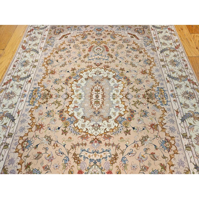 Tabriz Rug, Hand-Knotted Wool & Silk, Floral Design Taupe & Pale Green, 7x10 For Sale - Image 18 of 18