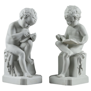 Porcelain Biscuit Figurines of the Child Reading and the Child Drawing, 1900s, Set of 2