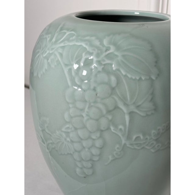 Asian Celadon Green Embossed Porcelain Vase, Grapes & Grapevine For Sale - Image 4 of 9
