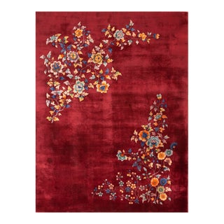 1930s Deep Red Floral Antique Chinese Art Deco Rug 8'9" X 11'4" Knotted Wool Carpet For Sale