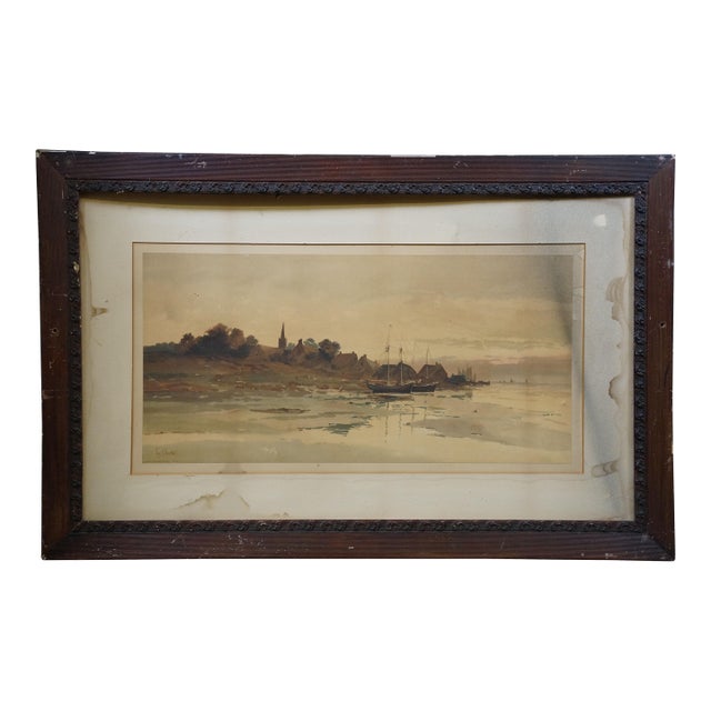 Antique Louis Kinney Harlow Coastal Sailboats Seascape Chromolithograph Print 41" For Sale