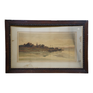 Antique Louis Kinney Harlow Coastal Sailboats Seascape Chromolithograph Print 41"