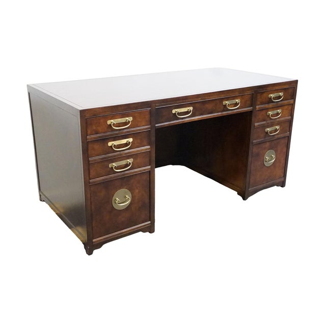 Baker Furniture Company Baker Furniture Burled Walnut Asian Ming Chinoiserie 60" Executive Office Desk For Sale - Image 4 of 12