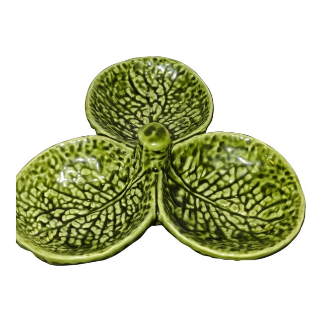 Triangle Green Cabbage Majolica Nut or Olive Dish From Portugal For Sale