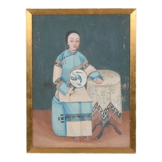 19th Century Chinese School Portrait of a Young Woman With Fan For Sale