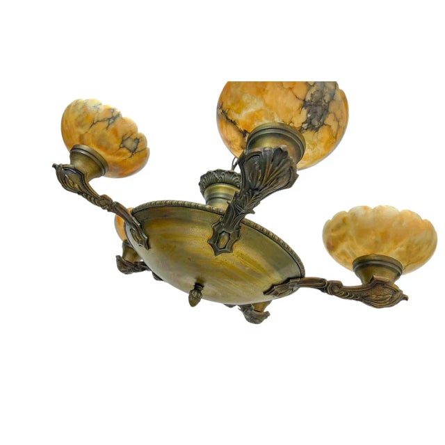 Art Deco Brass and Alabaster Pendant Chandelier, 1930s For Sale - Image 4 of 12