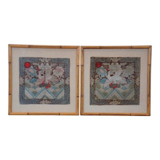 Set of 2 Early 20th Century Chinese Qing Dynasty Silk Court Rank Military Crane Buzi Badges For Sale