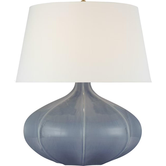 Transitional AERIN by Visual Comfort Signature Rana Medium Wide Table Lamp in Polar Blue Crackle with Linen Shade For Sale - Image 3 of 3