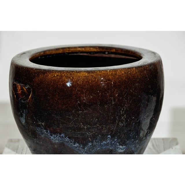 Vintage Brown and Blue Glazed Chinese Stoneware Planter with Rounded Lip For Sale - Image 10 of 18