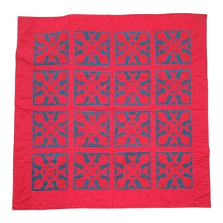 19Thc Red & Teal Applique Quilt For Sale