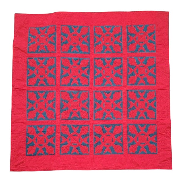 19Thc Red & Teal Applique Quilt For Sale