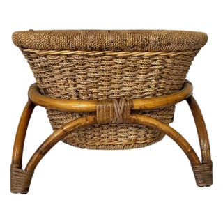 Mid Century Bamboo Rattan Basket Planter For Sale