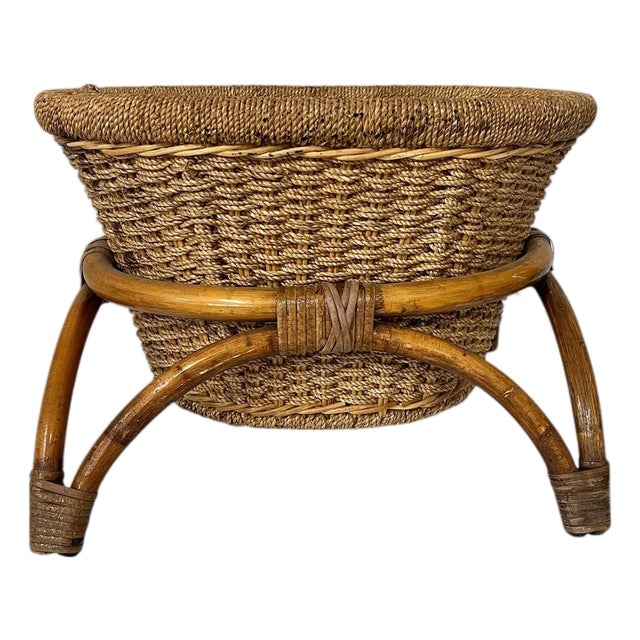 Mid Century Bamboo Rattan Basket Planter For Sale