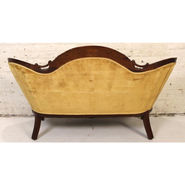 Vintage Victorian Style Gold Velvet and Walnut Settee For Sale - Image 10 of 17