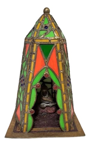 1920s Austrian Cold Painted and Stained Glass Tented Table Lamp