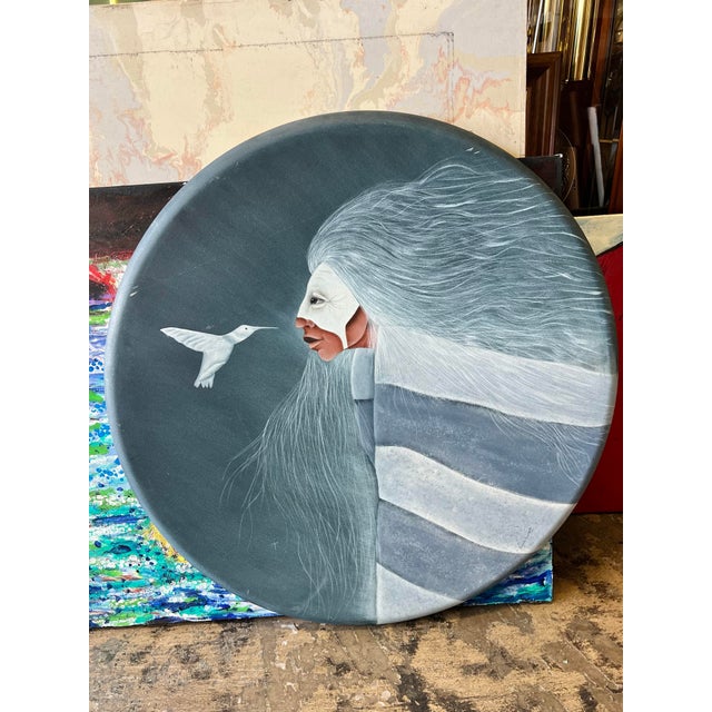 Contemporary 1990s Round Tondo Painting - Southwestern Indigenous Portrait & Hummingbird- Signed Styled After Frank Howell For Sale - Image 3 of 8