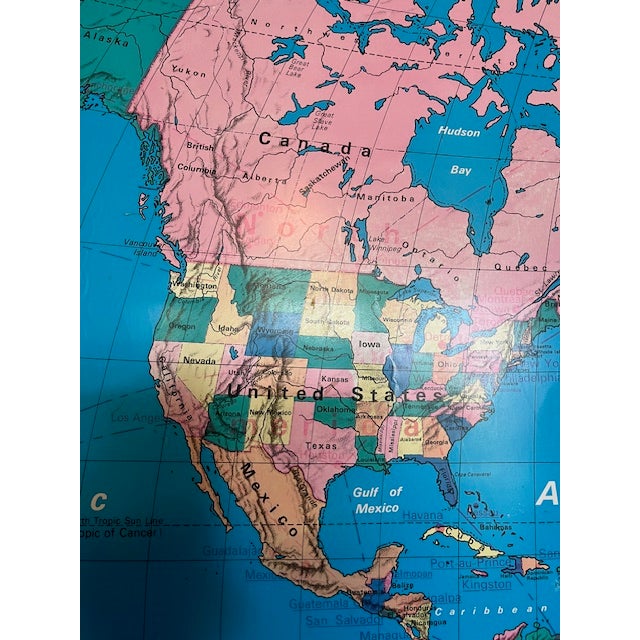 Tiffany Blue World Map Vintage School Pull-Down by Nystrom 1950s For Sale - Image 8 of 11