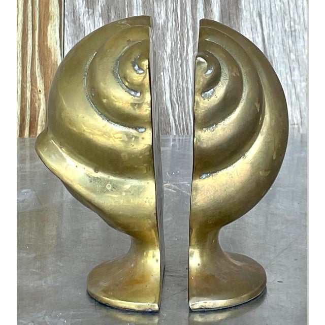 View of Vintage Coastal Brass Shell Bookends - a Pair | Chairish