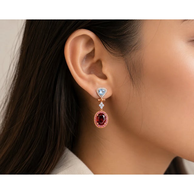 Art Deco 14K White Rose Gold Diamond Topaz Rhodolite Garnet Sapphire Earrings For Sale - Image 3 of 3