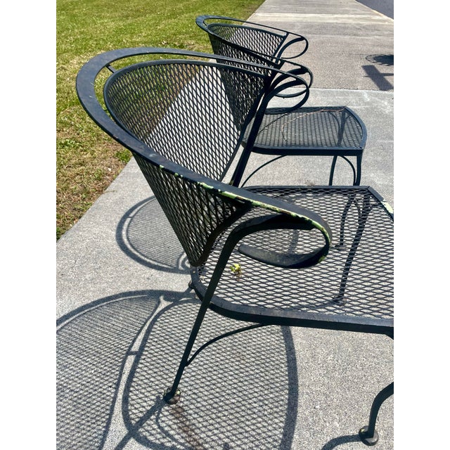 Mid 20th Century Mid 20th Century Wrought Iron Russell Woodard Pinecrest Barrel Back Mesh Pair of Chairs For Sale - Image 5 of 12