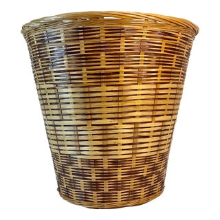 1980s Vintage Boho Chic Arts & Crafts Slim Reed Woven Wicker Wastebaske For Sale