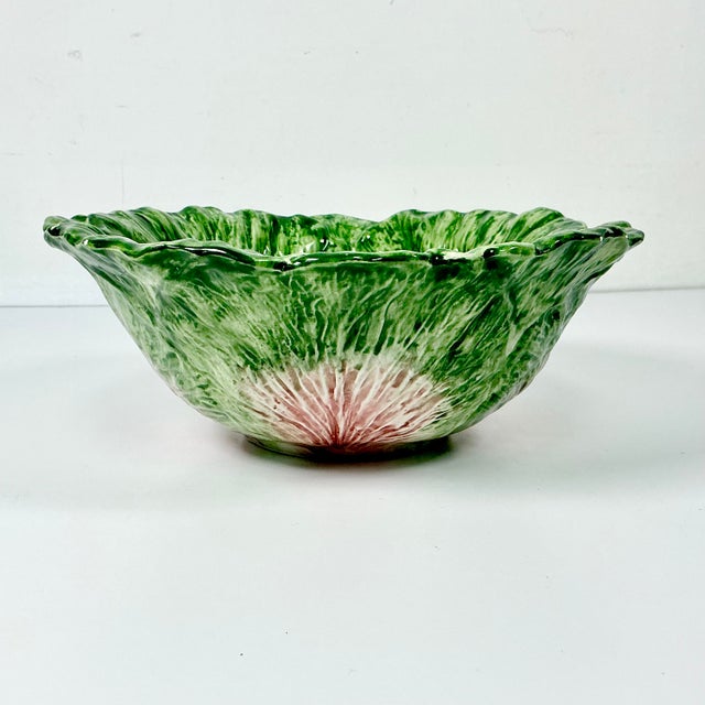Dark Green 1980s Vintage Hollywood Regency Boho Chic Majolica Cabbageware Serving Bowl For Sale - Image 8 of 10