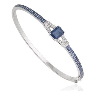 Art Deco Geometric 3.12 Ct Blue Sapphire & Diamond Bangle Bracelet, Christmas Gift For Sale