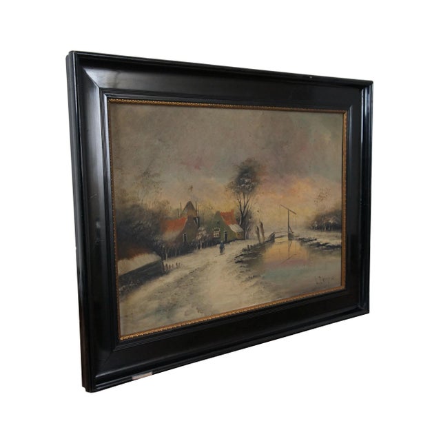 Vintage L. Brugman oil painting on board featuring a snowy river landscape theme with a figure walking home. Dimensions:....