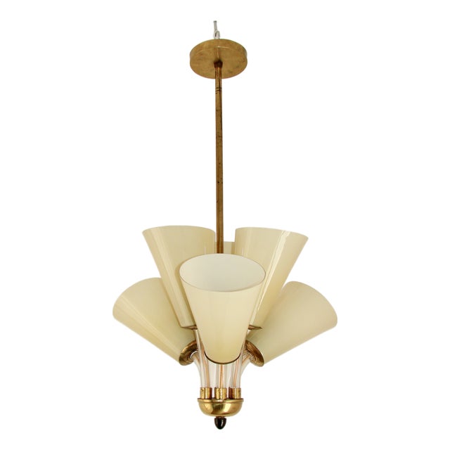 Chandelier in Brass and Glass, Kamenický Šenov, Czechoslovakia, 1950s For Sale